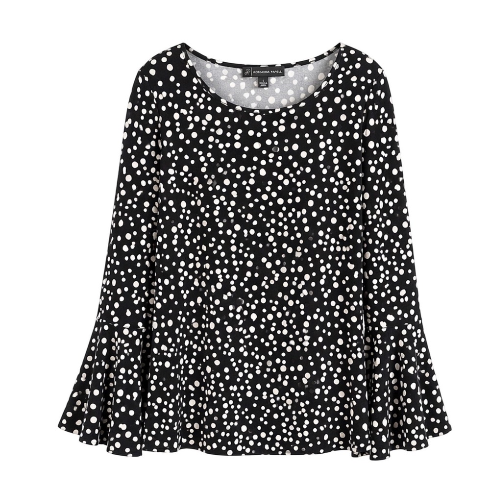 Adrianna Papell Polka Dot Bell Sleeve Top Black White Blouse Large